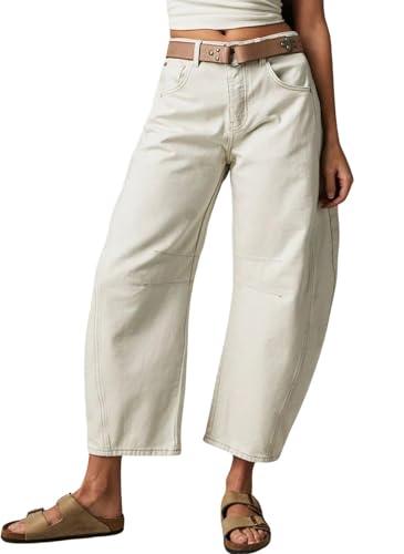 Damen-Jeans, dehnbar, mittelhoch, Barrel, Vintage, lockeres weites Bein, kurze Denim-Hose, Y2k, Baggy-Boyfriend-Jeans, Elfenbein, S von loveimgs
