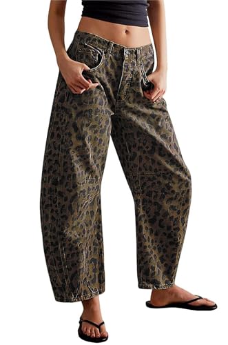Damen-Jeans, dehnbar, mittelhoch, Barrel, Vintage, lockeres weites Bein, kurze Denim-Hose, Y2k, Baggy-Boyfriend-Jeans, Leopard, S von loveimgs