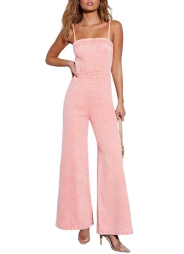 Lässiger Denim-Jumpsuit für Damen, ärmellos, verstellbarer Riemen, dehnbar, ausgestellt, Jeans, lange Hose, Strampler, Knallpink (Hot Pink), Small von loveimgs