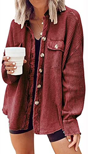 Übergroße Waffel Strick Shirt Frauen Herbst Shacket Cord Langarm Shirts Button Down Shirts Jacke, Rostrot, X-Klein von loveimgs