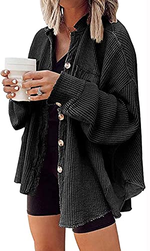 Übergroße Waffel Strick Shirt Frauen Herbst Shacket Cord Langarm Shirts Button Down Shirts Jacke, Schwarz, XX-Large von loveimgs