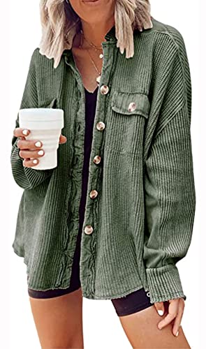 loveimgs Damen Baggy Band Kragen Waffled Button Down Ausgefranste Strick Shirt Shacket Mantel Tops, armee-grün, XX-Large von loveimgs