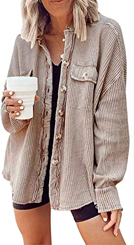 loveimgs Damen Baggy Band Kragen Waffled Button Down Ausgefranste Strick Shirt Shacket Mantel Tops, khaki, XX-Large von loveimgs