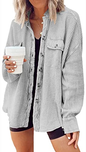 loveimgs Damen Baggy Band Kragen Waffled Button Down Fransen Strickhemd Shacket Mantel Tops, hellgrau, X-Klein von loveimgs