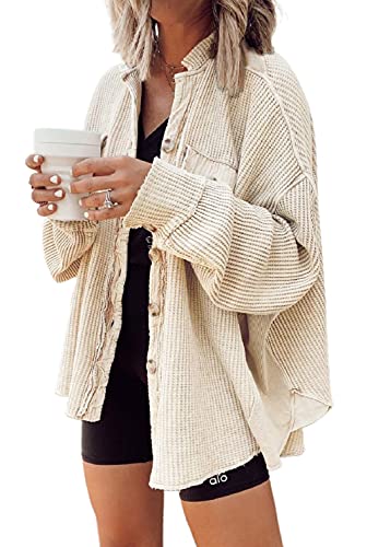 loveimgs Damen Baggy Band Kragen Waffled Button Down Fransen Strickshirt Shacket Mantel Tops, aprikose, Mittel von loveimgs