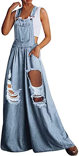 loveimgs Damen Casual Ripped Adjustable Denim Overall Baggy Wide Leg Bib Pants Palazzo Jumpsuit, Hellblau (2), Large von loveimgs