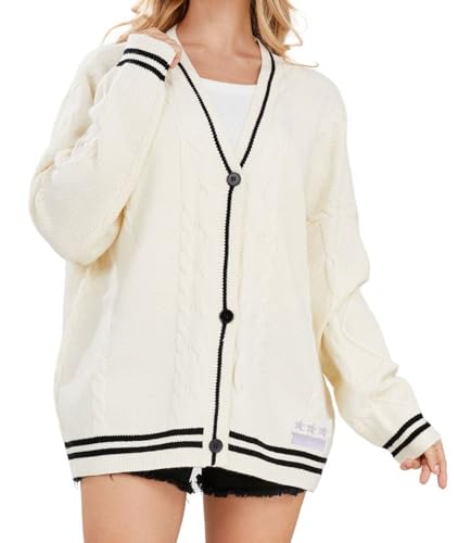 loveimgs Damen-Strickjacke, vorne offen, Sterne, bestickt, Zopfstrickpullover, Knopfleiste, V-Ausschnitt, Beige, Klein loveimgs Damen-Strickjacke, vorne offen, Sterne, bestickt, Zopfstrickpullover, Knopfleiste, V-Ausschnitt, Beige, Klein von loveimgs