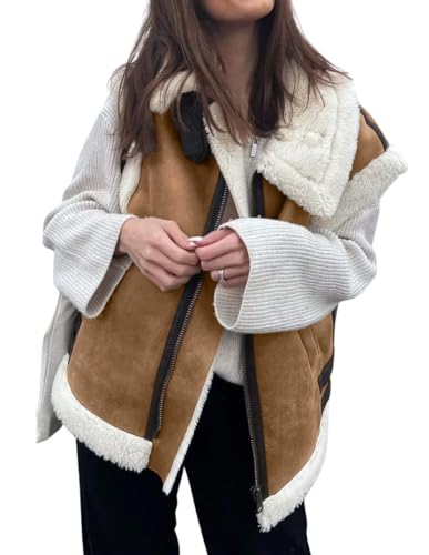 loveimgs Damen Winter Warm Wildleder Sherpa Leder Weste Jacke Reißverschluss Ärmellose Lammwolle Pelz Mantel mit Taschen, Braun, M von loveimgs