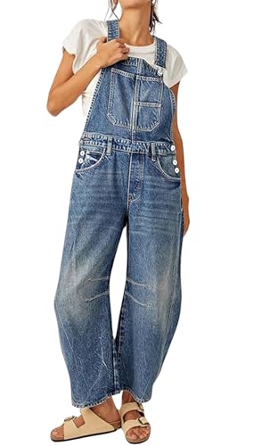 loveimgs Y2k Damen Baggy Barrel Jeans, Overall, weites Bein, Denimhose, Latzhose, Overall, Boyfriend-Patchwork-Jeans, Dunkelblau, Medium von loveimgs
