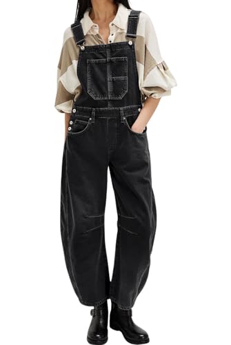 loveimgs Y2k Damen Baggy Barrel Jeans, Overall, weites Bein, Denimhose, Latzhose, Overall, Boyfriend-Patchwork-Jeans, Schwarz, XX-Large von loveimgs