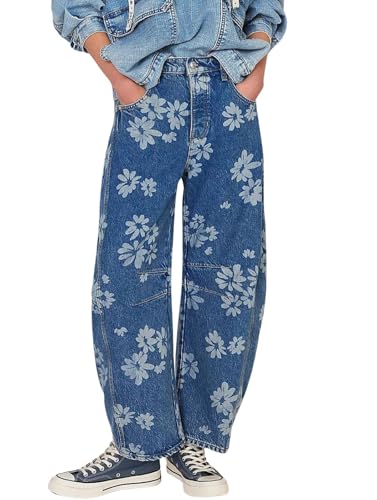 loveimgs Y2k Damen-Jeans im Used-Look, weites Bein, floraler Druck, Boyfriend-Patchwork-Denim-Hose, Blau, XX-Large von loveimgs