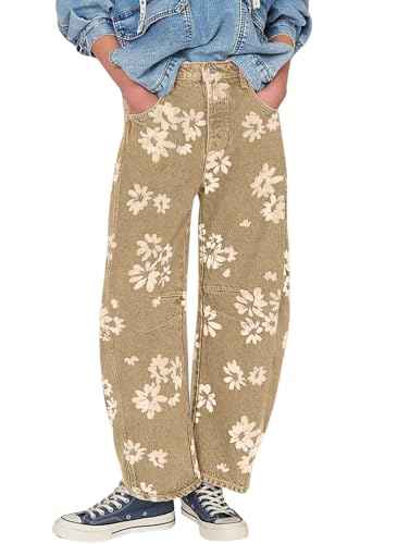loveimgs Y2k Damen-Jeans im Used-Look, weites Bein, floraler Druck, Boyfriend-Patchwork-Denim-Hose, Khaki, M von loveimgs