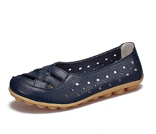 lovejin Damen Bootsschuhe Barfußschuh Weichen Leder Flache Schuhe Bequeme Fahr Schuhe Hohlen Freizeit Flache Schuhe, Blau-1 43 EU von lovejin