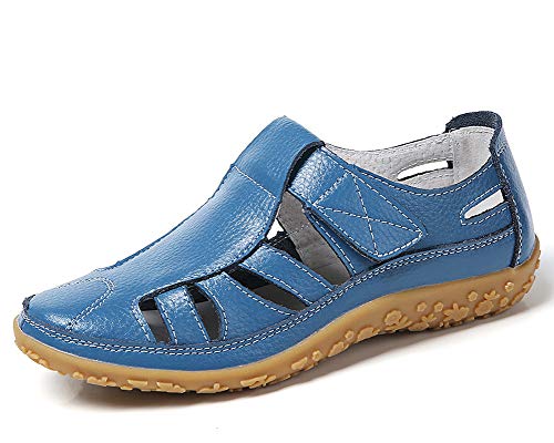 lovejin Geschlossene Sandalen Damen Leder Arbeitsschuhe Sommerschuhe Bequeme Mokassins Freizeit Flache Sandaletten, Blau, 42 EU von lovejin