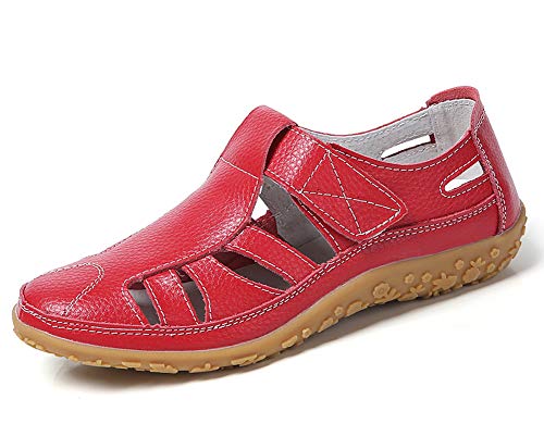 lovejin Geschlossene Sandalen Damen Leder Arbeitsschuhe Sommerschuhe Bequeme Mokassins Freizeit Flache Sandaletten, Rot, 39 EU von lovejin