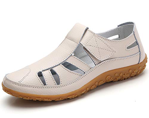lovejin Geschlossene Sandalen Damen Leder Arbeitsschuhe Sommerschuhe Bequeme Mokassins Freizeit Flache Sandaletten von lovejin