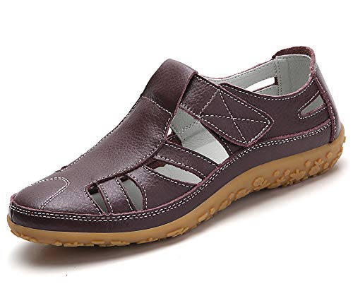 lovejin Geschlossene Sandalen Damen Leder Arbeitsschuhe Sommerschuhe Bequeme Mokassins Freizeit Flache Sandaletten von lovejin