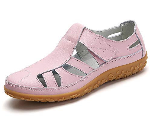 lovejin Geschlossene Sandalen Damen Leder Arbeitsschuhe Sommerschuhe Bequeme Mokassins Freizeit Flache Sandaletten von lovejin