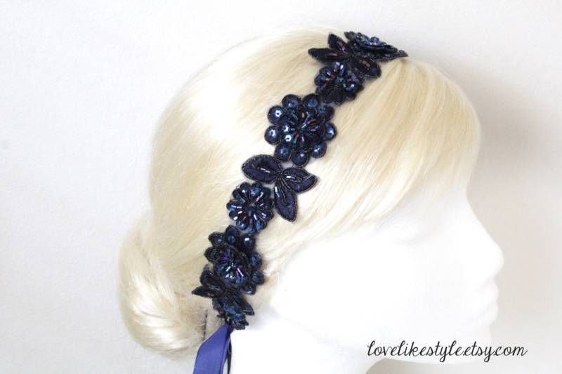 Navy Perlen Spitze Blumen Haarband Braut Kopfband, Brautjungfer Schärpe von lovelikestyle