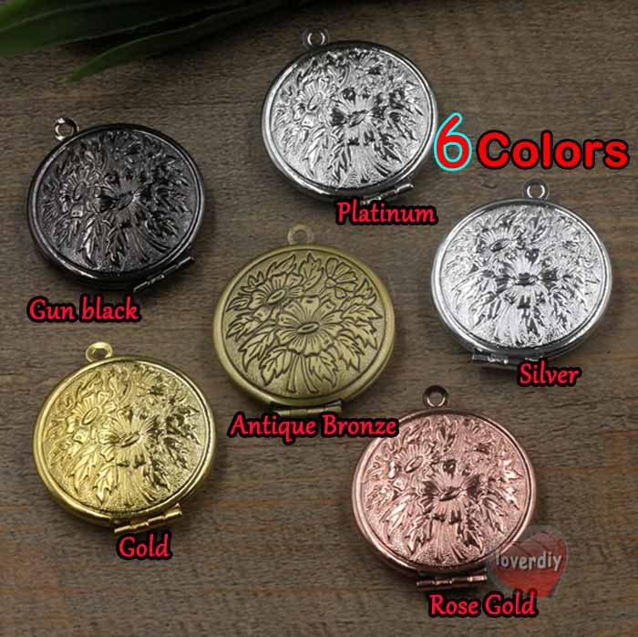 10stk 27mm Rund Foto Memming Carve Sunflower Blank, 6 Farben Verfügbar, Fotorahmen Silber Charm Anhänger, Geätztes Compact Medillon von loverdiy