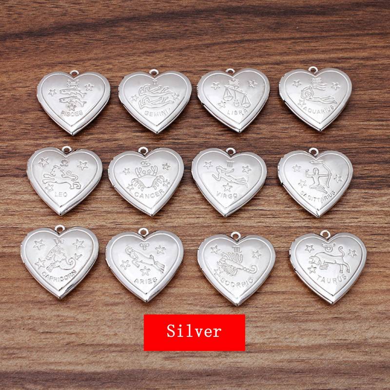 12 Stück Ein Set Sternzeichen Medaillons, 28mm Herz Medaillon, Schnitze Messing Bronze Blanko Foto Vintage Medaillon Halskette Charms von loverdiy