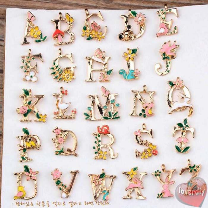 26 Buchstaben/Diy Alphabet | A-Z Blume Blätter Charme Farbe Öl Tropfen Metall Rose Kc Gold Legierung Armband/Schlüsselanhänger/Halskette von loverdiy