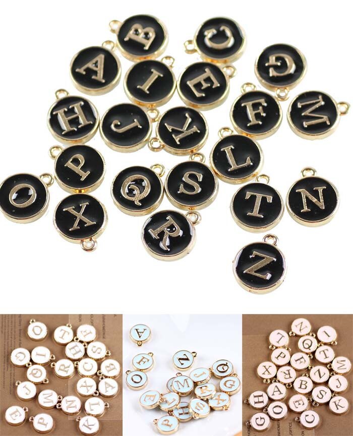 26 Diy Alphabet/Buchstabe Runde Doppelgesicht Geformt Charme 12 15mm | A-Z, Farbe Öl Tropfen Metall Rose Gold Legierung Charme, Emaille Schmuck von loverdiy