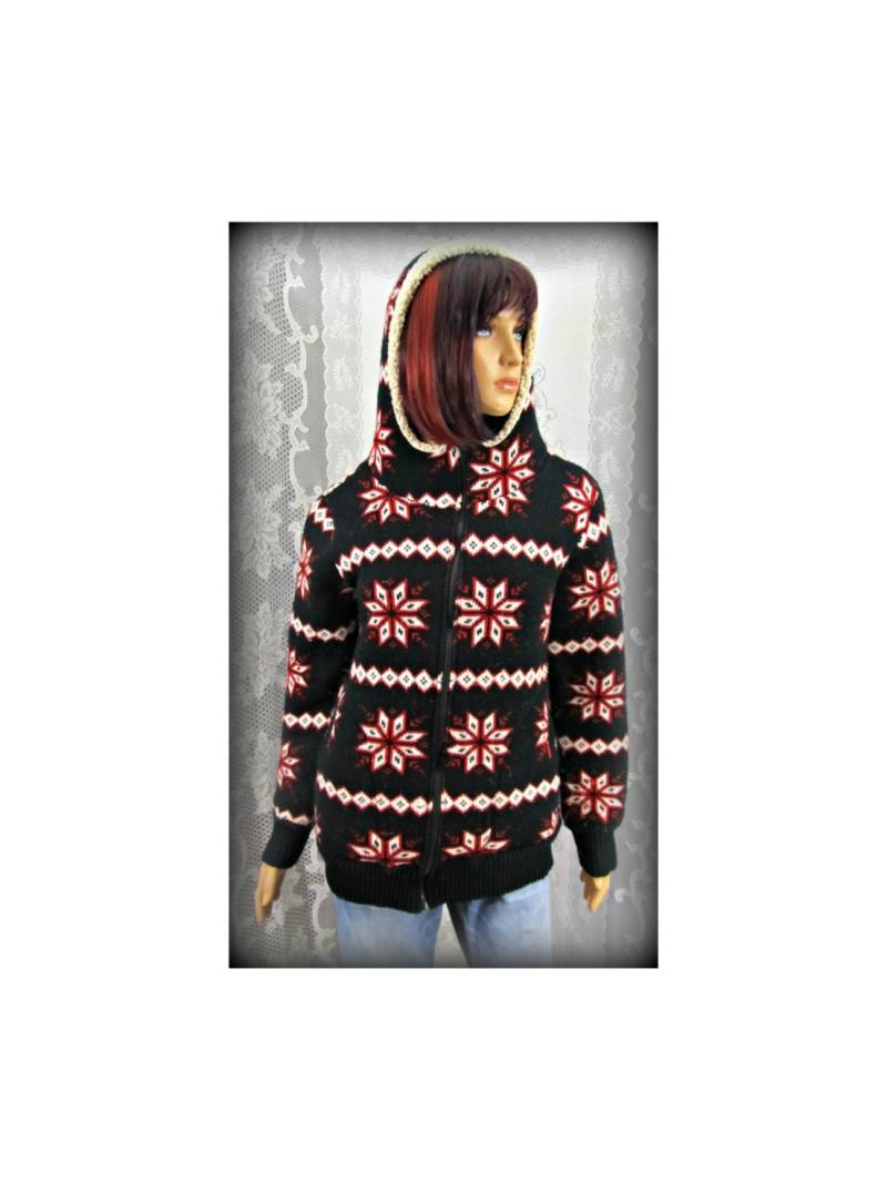 Wintermantel, Damen Kapuzenmantel, Schwarze Und Rote Jacke, Warme Dicker Pullover, Damengröße Medium von loverleesdesigns