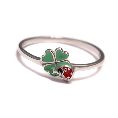 loveyourdiamonds Glücksbringer Kinder Ring aus 925 Sterling Silber mit Kleeblatt und Marienkäfer von loveyourdiamonds