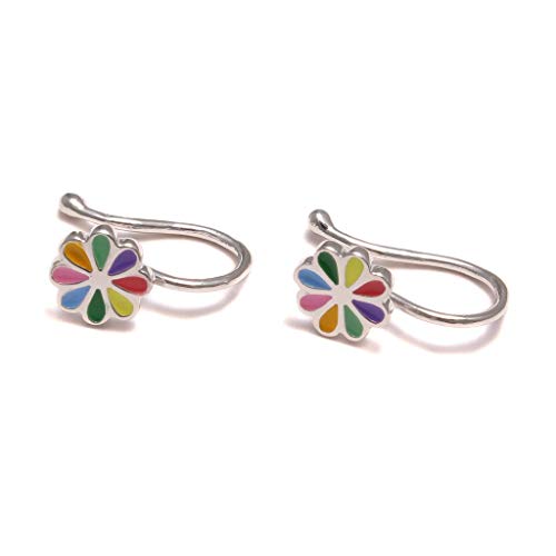 Ohrclip Blümchen 925 Sterling Silber, Regenbogen Kinderschmuck, Blumen Silber Ohr Clip nickelfrei, Mädchen Ohrschmuck bunt von loveyourdiamonds