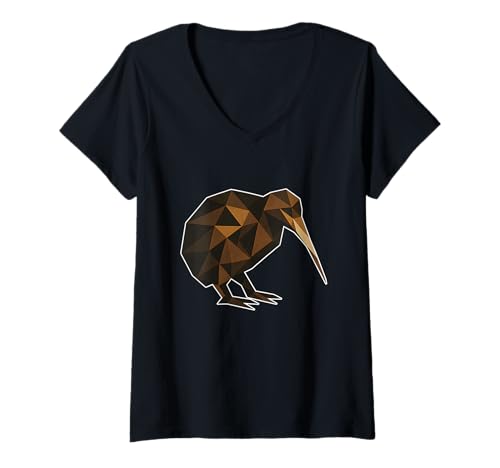 Damen Low Poly Kiwi Geometrisch Braun T-Shirt mit V-Ausschnitt von low poly kiwi geometric bird abstract design kiwi