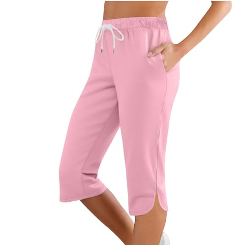 3/4 Hose Damen Sommer, Sommer Caprihose Stretch 3/4 Yogahose Weites Bein Dreiviertel Freizeithose mit Kordelzug und Taschen Trainingshose Baumwolle Laufhose mit Gummizug Sporthose Jogginghose von lozssnigzi