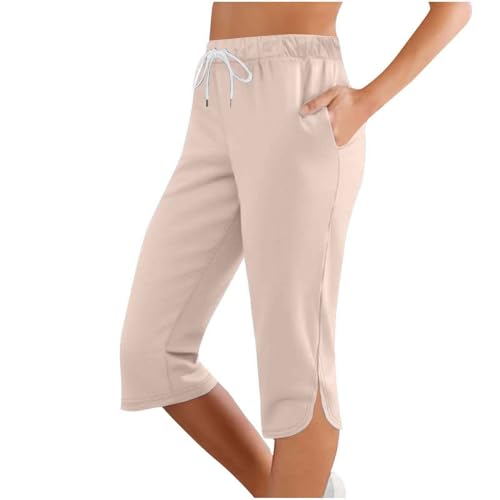 3/4 Hose Damen Sommer, Sommer Caprihose Stretch 3/4 Yogahose Weites Bein Dreiviertel Freizeithose mit Kordelzug und Taschen Trainingshose Baumwolle Laufhose mit Gummizug Sporthose Jogginghose von lozssnigzi