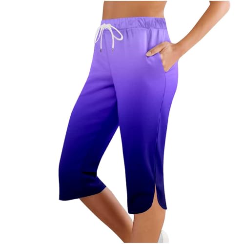 3/4 Hose Damen Sommer, Sommer Caprihose Stretch 3/4 Yogahose Weites Bein Dreiviertel Freizeithose mit Kordelzug und Taschen Trainingshose Baumwolle Laufhose mit Gummizug Sporthose Jogginghose von lozssnigzi