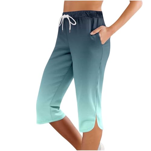 3/4 Hosen Damen Sommer, Sommer Caprihose Stretch 3/4 Yogahose Weites Bein Dreiviertel Freizeithose mit Kordelzug und Taschen Trainingshose Baumwolle Laufhose mit Gummizug Sporthose Jogginghose von lozssnigzi