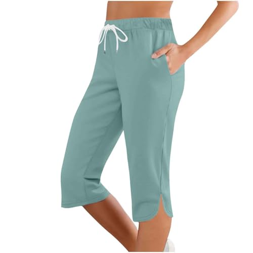 3/4 Jogginghose Damen, Sommer Caprihose Stretch 3/4 Yogahose Weites Bein Dreiviertel Freizeithose mit Kordelzug und Taschen Trainingshose Baumwolle Laufhose mit Gummizug Sporthose Jogginghose von lozssnigzi