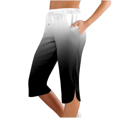 3/4 Sporthose Damen, Sommer Caprihose Stretch 3/4 Yogahose Weites Bein Dreiviertel Freizeithose mit Kordelzug und Taschen Trainingshose Baumwolle Laufhose mit Gummizug Sporthose Jogginghose von lozssnigzi