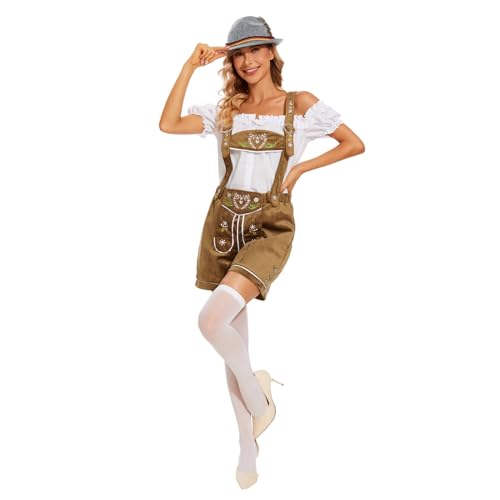 3 Teiliges Trachten Set Damen Braun Oktoberfest Kurz Klassische Trachtenlederhose Hemd Hut Lederhosen mit Trägern Bestickt Elegante Lederhose Trachtenhose Wildleder XXL Trachten Lederhose von lozssnigzi