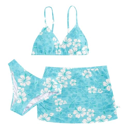 Bikini 152 Mädchen, Sommer Bikini Atmungsaktiv Badeanzug Mit Blumenmuster Strand Schwimmanzug 3 Teilig Bikinis Rückenfrei Top Und Bikinihose Falten Mit Rock Für 6-14 Jahre, Hellblau, 150 von lozssnigzi