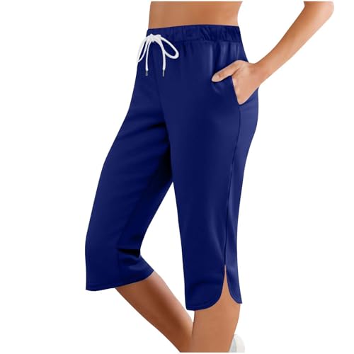 Capri Leggings Damen, Sommer Caprihose Stretch 3/4 Yogahose Weites Bein Dreiviertel Freizeithose mit Kordelzug und Taschen Trainingshose Baumwolle Laufhose mit Gummizug Sporthose Jogginghose von lozssnigzi