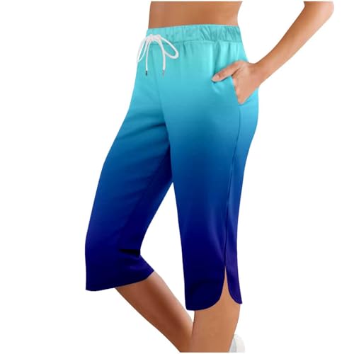 Capri Leggings Damen, Sommer Caprihose Stretch 3/4 Yogahose Weites Bein Dreiviertel Freizeithose mit Kordelzug und Taschen Trainingshose Baumwolle Laufhose mit Gummizug Sporthose Jogginghose von lozssnigzi
