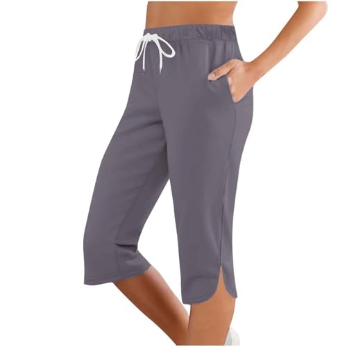 Caprihose Damen Sommer, Sommer Caprihose Stretch 3/4 Yogahose Weites Bein Dreiviertel Freizeithose mit Kordelzug und Taschen Trainingshose Baumwolle Laufhose mit Gummizug Sporthose Jogginghose von lozssnigzi