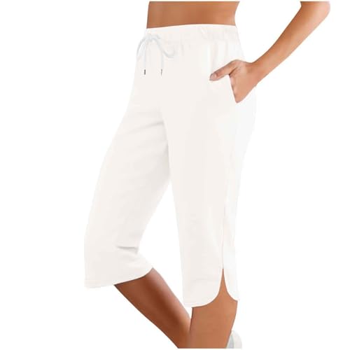 Caprihose Damen Sommer, Sommer Caprihose Stretch 3/4 Yogahose Weites Bein Dreiviertel Freizeithose mit Kordelzug und Taschen Trainingshose Baumwolle Laufhose mit Gummizug Sporthose Jogginghose von lozssnigzi