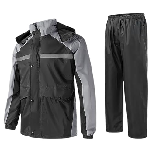 Fahrradbekleidung Herren Set, Wasserdicht Atmungsaktiv 2 Teilig Regenkleidung Reflektierend Regenjacke und Regenhose Leicht Dünn Regenanzug Mit Kapuze, Fahrrad Motorrad Wandern Regenkombi, Grau, 4XL von lozssnigzi