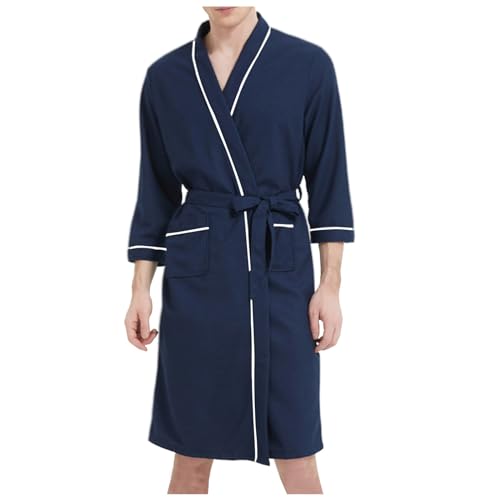Herren Bademantel Leicht, Hautfreundlich Dünner Weich Waffelstoff Morgenmantel Saunamantel Elegant mit Gürtel Lang Große Größen Nachtwäsche Kimono Robe mit 2 Taschen Reisebademantel Bademantel von lozssnigzi