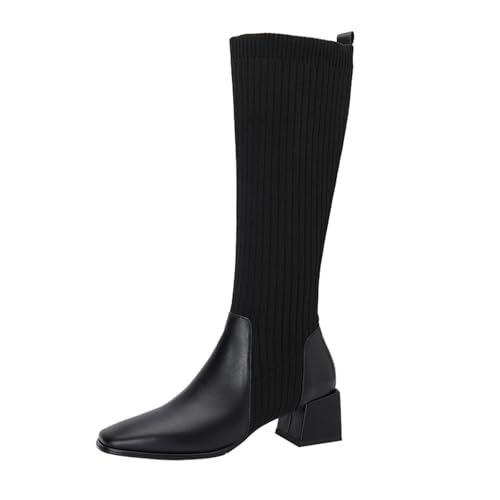 Hohe Stiefel Damen Kniehohe Lederstiefel Elegant Strick & Leder Stiefel Mit Blockabsatz Schlupfstiefel Hoch Winterstiefel Für Dicke Waden von lozssnigzi