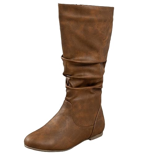 Hohe Stiefel Damen mit Absatz Langschaftstiefel Plateau Stiefeletten Kniehohe Gefüttert Lederstiefel für Dicke Waden Stiefel Herbst Weitschaftstiefel Echtleder Boots Reitstiefel Weiter Schaft von lozssnigzi