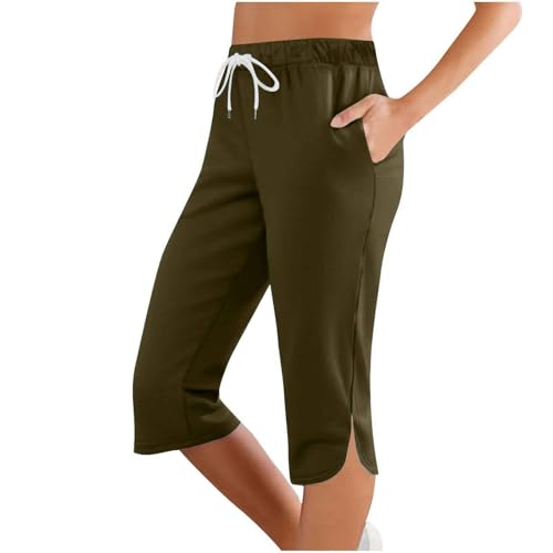 Jogginghose 3/4 Damen, Sommer Caprihose Stretch 3/4 Yogahose Weites Bein Dreiviertel Freizeithose mit Kordelzug und Taschen Trainingshose Baumwolle Laufhose mit Gummizug Sporthose Jogginghose von lozssnigzi