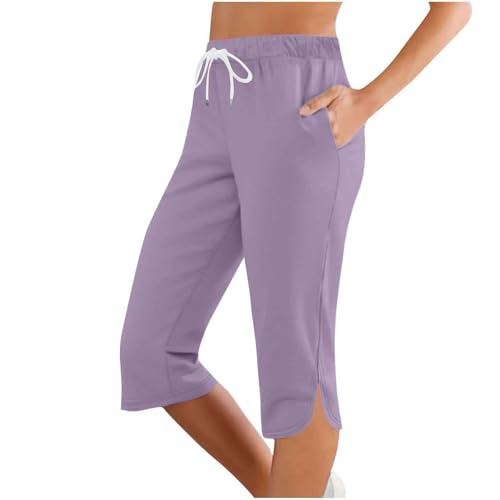 Jogginghose Damen 3/4, Sommer Caprihose Stretch 3/4 Yogahose Weites Bein Dreiviertel Freizeithose mit Kordelzug und Taschen Trainingshose Baumwolle Laufhose mit Gummizug Sporthose Jogginghose von lozssnigzi
