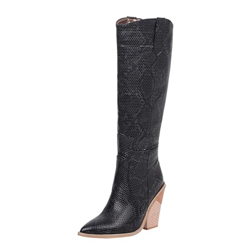 Kniehohe Stiefel Damen, Mode Zip Cowboystiefel mit Spitze Zehenpartie und absatz Schlangenlederoptik Lederstiefel Overknees Leder Westernstiefel Schlupfstiefel Winter Bequem Warm Weitschaftstiefel von lozssnigzi